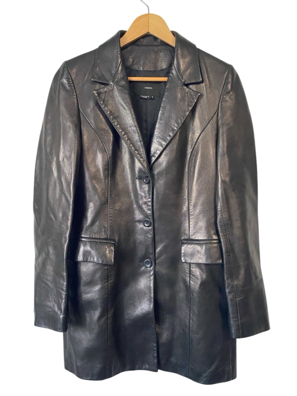 Identify Women's Black Leather Tailored Blazer Jacket size 6